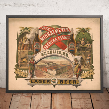A framed image of Julius Winkelmeyer Brewing Association Vintage Lager Beer Poster, 1880