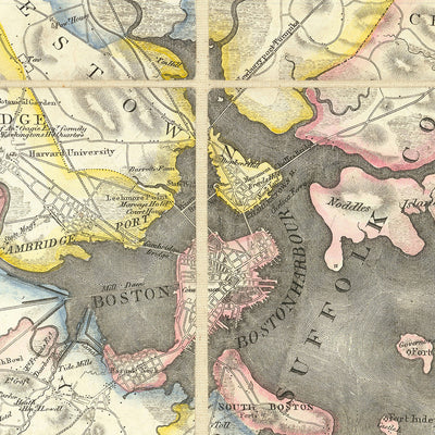 First Large Old Map of Greater Boston by Hales, 1819: Cambridge, Salem, Harvard, Boston Sound