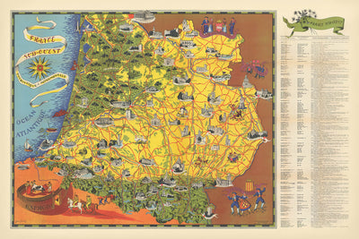 Pictorial Map of Southwestern France by Flornoy Jean, 1950: Toulouse, Bordeaux, Pyrenees, Garonne River, Way of St. James