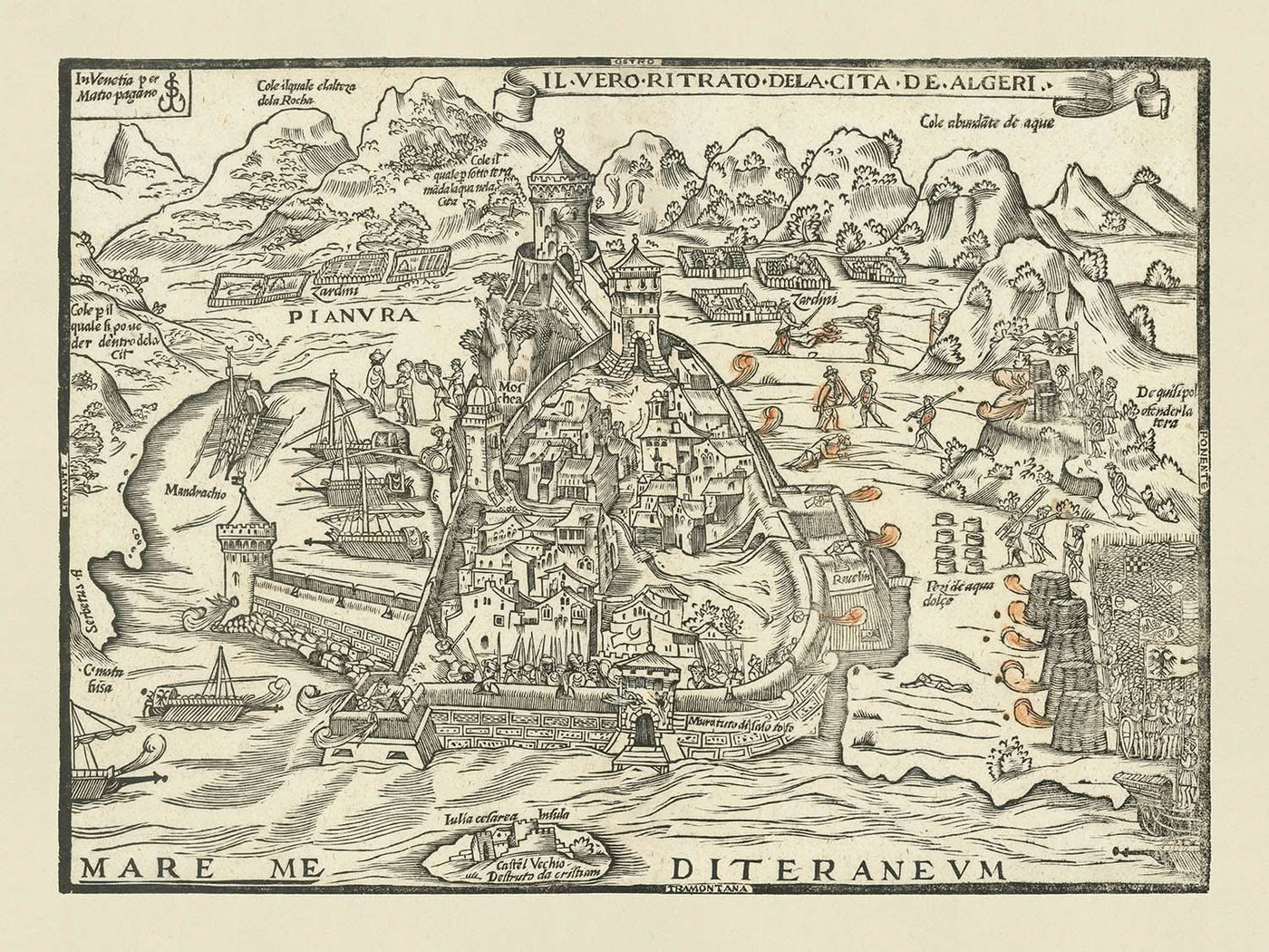 Antiguo mapa militar del asedio de Argel de 1541 realizado por Pagano, 1542: Argel, Mandrachio, Castel Vechio, estrategia naval, Imperio otomano