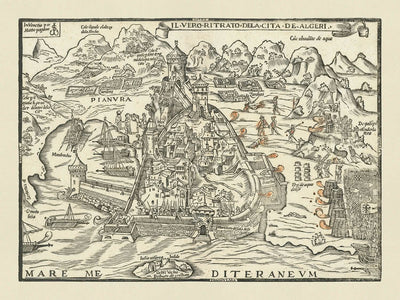 Antiguo mapa militar del asedio de Argel de 1541 realizado por Pagano, 1542: Argel, Mandrachio, Castel Vechio, estrategia naval, Imperio otomano