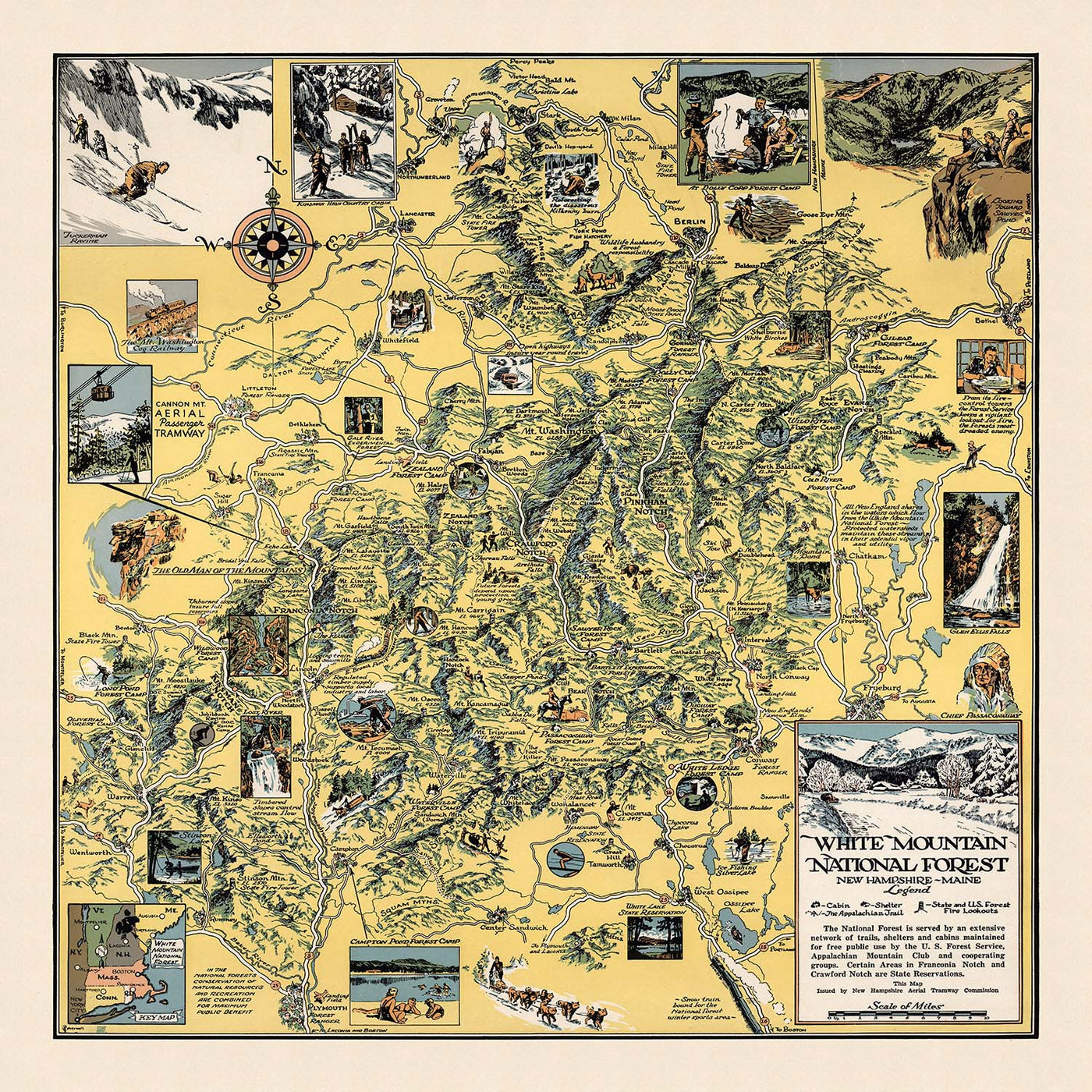 Old Pictorial Map of White Mountain National Forest, 1930: Cannon Mt., Appalachian Trail, Franconia Notch, Mt. Washington, Conway