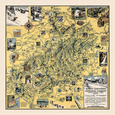 Old Pictorial Map of White Mountain National Forest, 1930: Cannon Mt., Appalachian Trail, Franconia Notch, Mt. Washington, Conway