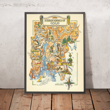 Old Pictorial Map of Oslo, Norway by Liozu, 1952: Akershus Fortress, Royal Palace, Holmenkollen, Frogner Park, Oslofjord