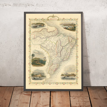 Vecchia mappa del Brasile di Tallis, 1851: Fiume Amazzoni, Rio de Janeiro, San Paolo, Salvador, Costa Atlantica 