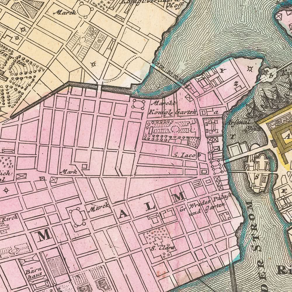 Alte Karte von Stockholm von Homann, 1720: Königlicher Palast, Riddarholmen, Mälaren, Djurgården, Skeppsbron 