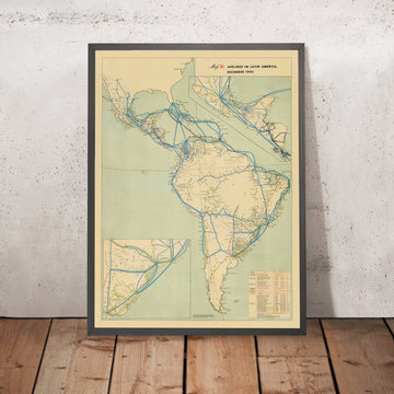 Old Map of Latin American Airline Routes, 1942: WWII network, Brazil inset, Mexico–Argentina corridor