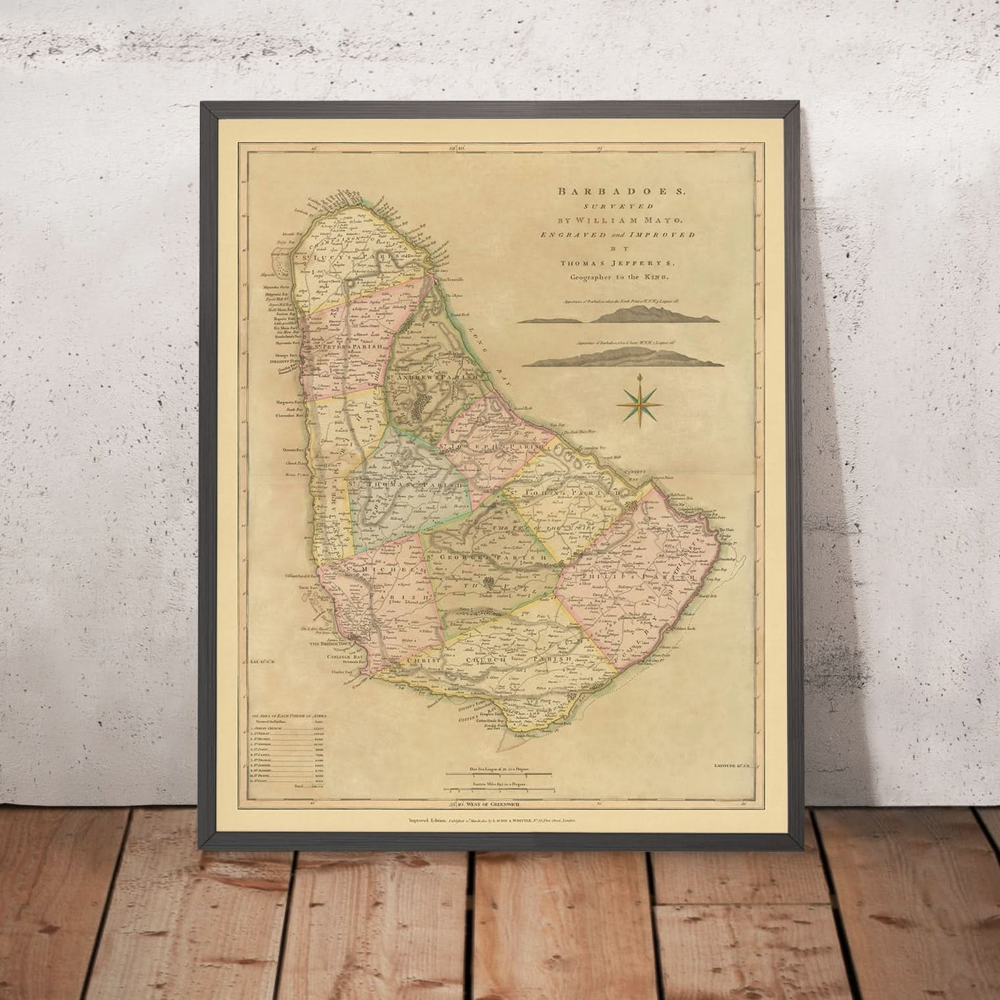 Ancienne carte de la Barbade par Mayo, 1810 : Bridgetown, Speightstown, paroisses, forts, rose des vents