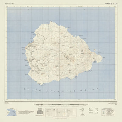 Ancienne carte de l'île de l'Ascension, 1964 : Green Mountain, Georgetown, routes, topographie, style Ordnance