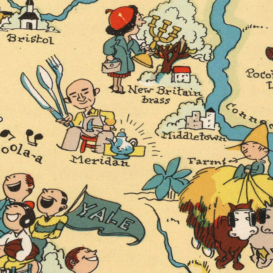 Mappa Pittorica del Connecticut di Ruth Taylor White, 1935: Bridgeport, New Haven, Yale, Long Island Sound, Fiume Connecticut 