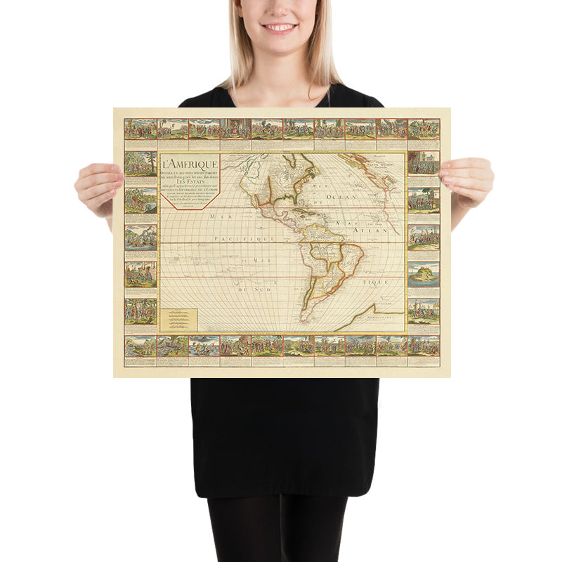 Large Old French Map of the Americas by Bailleul, 1752: Illustrated Exploration & Colonialism, French & Spanish Claims