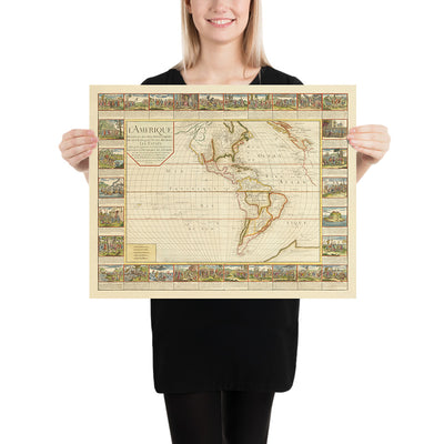 Large Old French Map of the Americas by Bailleul, 1752: Illustrated Exploration & Colonialism, French & Spanish Claims