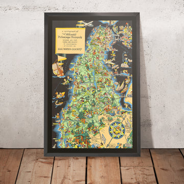 Mappa Pittorica della Contea di San Mateo, California di Ruth Taylor White, 1930: Ferrovia Southern Pacific, Riserva di Crystal Springs, Ponte Dumbarton, Redwood City, Half Moon Bay 