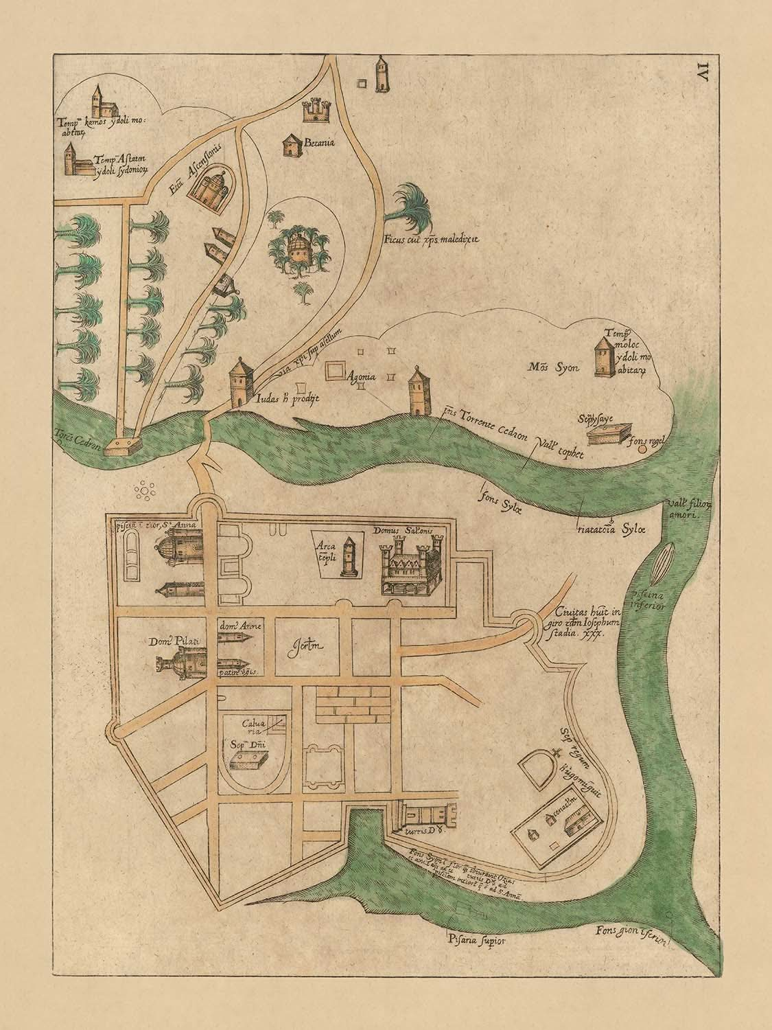 Mapa antiguo de Jerusalén de Bongars, 1611: Salomón, Pilato, Sepulcro, Cedrón, Siloé