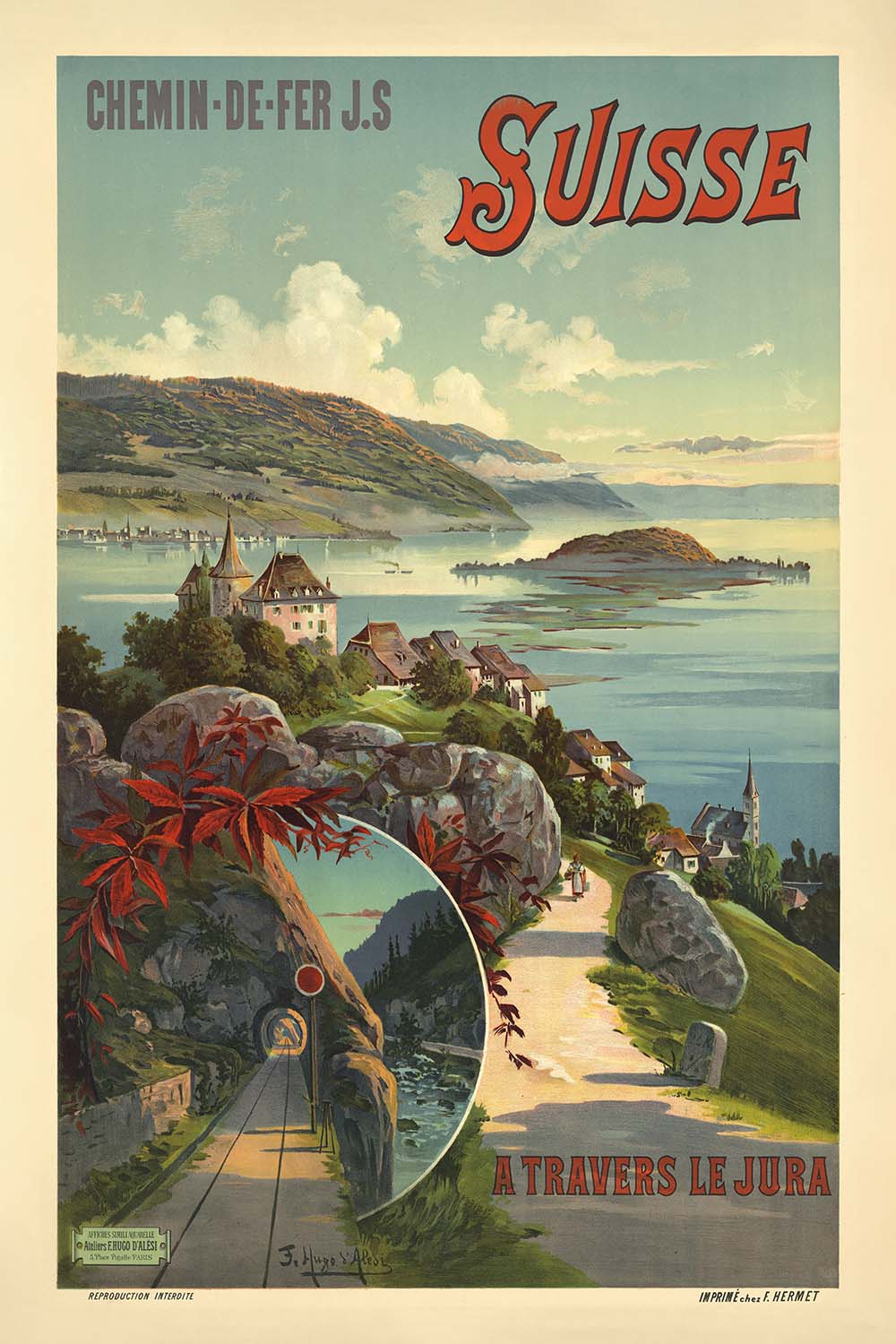 Póster de viaje suizo antiguo: A travers le Jura – Suisse, 1895 de Frederic Hugo d’Alési 