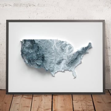 Ein gerahmtes Bild einer topografischen Reliefkarte der Vereinigten Staaten im 3D-Stil