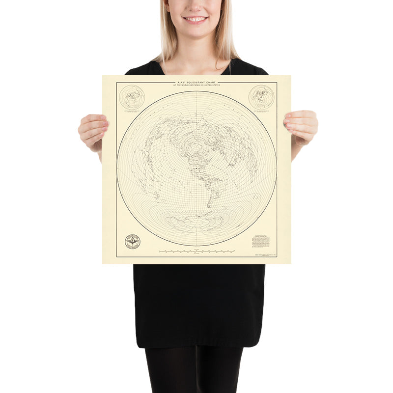 Old Azimuthal World Map Centered on the United States, 1947