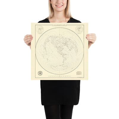 Old Azimuthal World Map Centered on the United States, 1947