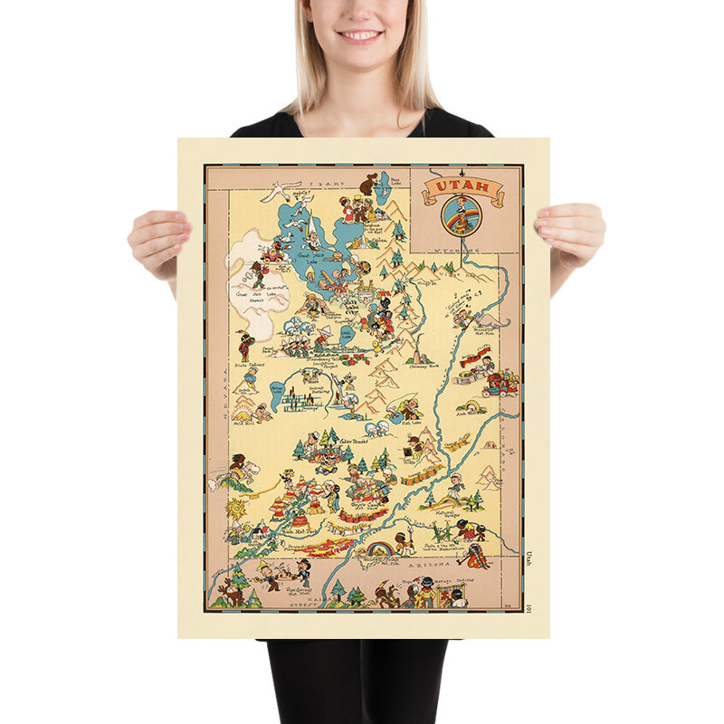 Mappa pittorica dello Utah di Ruth Taylor White, 1935: Salt Lake City, Zion, Arches, Grande Lago Salato, Monti Wasatch 