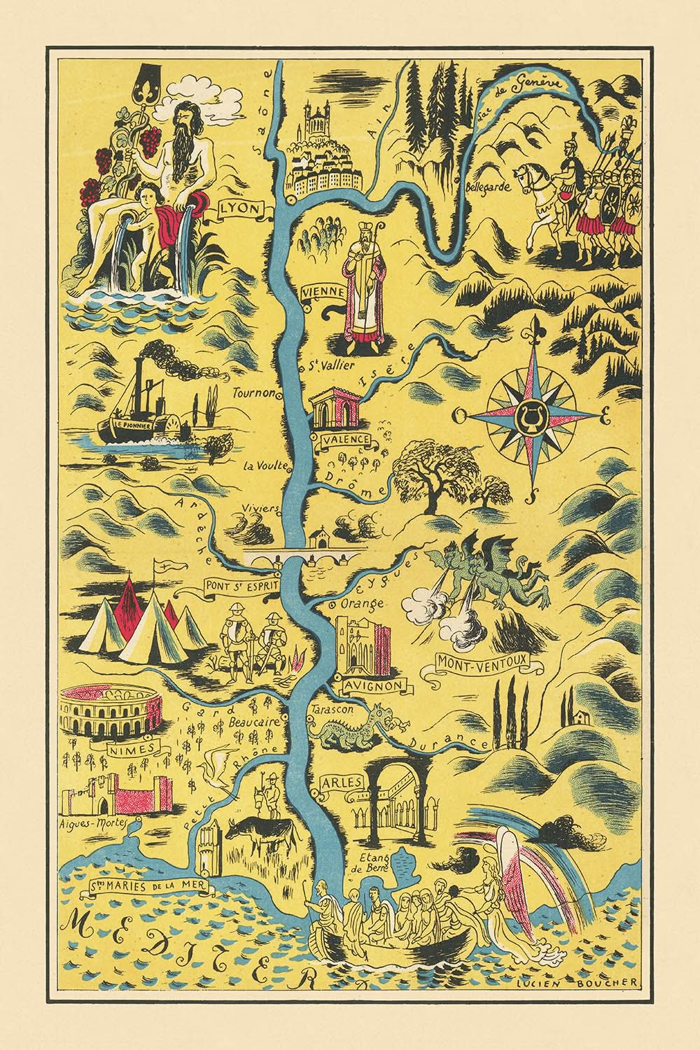 Carte ancienne du Rhône par Boucher, 1938 : Lyon, Nîmes, Avignon, Mont-Ventoux, Amphithéâtre romain