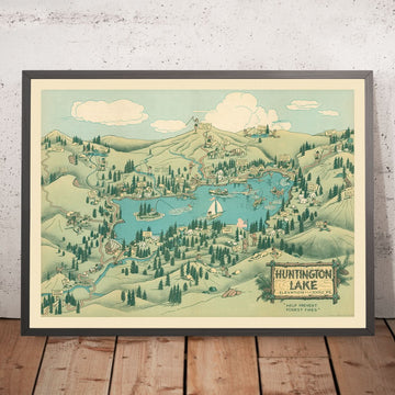 Ancienne carte picturale de Huntington Lake, CA par Jones, 1940 : Kaiser Peak, Twin Lakes, camps, sentiers, prévention des incendies 