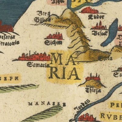 Mapa antiguo de Israel de Bunting, 1581: Jerusalén, río Jordán, mar Muerto, monte Carmelo, monstruos marinos