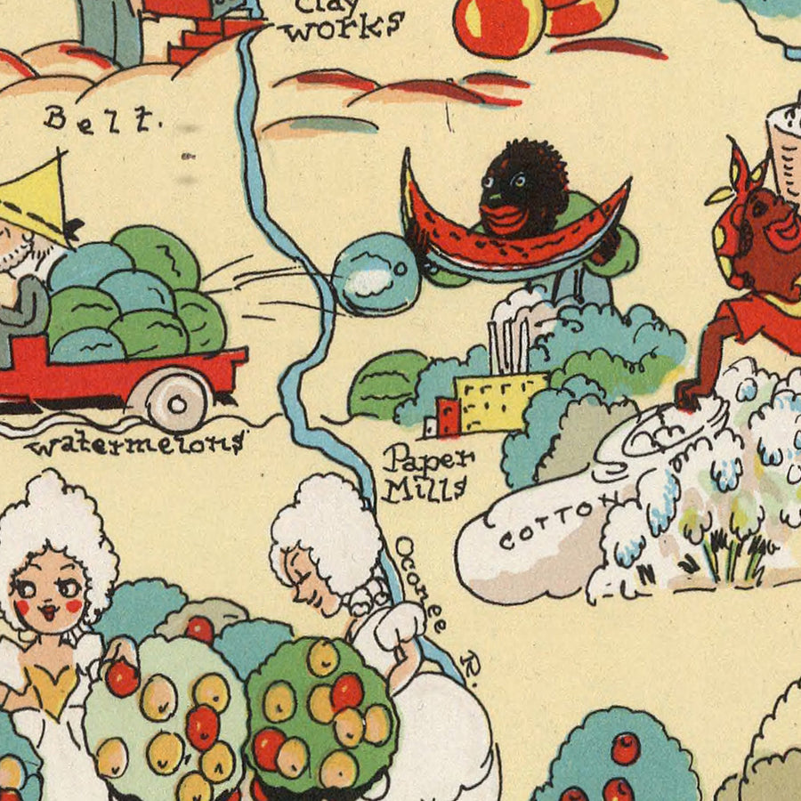 Mappa Pittorica della Georgia di Ruth Taylor White, 1935: Atlanta, Savannah, Augusta, Macon, Battelli Fluviali 