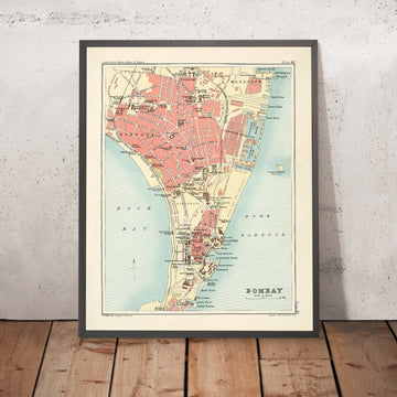 Carte ancienne de la ville de Mumbai par Bartholomew, 1893 : Back Bay, port de Bombay, Churchgate, chantier naval du gouvernement, tour de l&