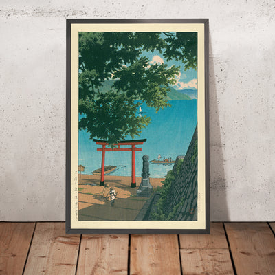 A framed image of Chuzenji Temple and Beach at Utagahama by Hasui Kawase, 1935