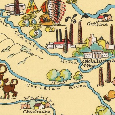 Pictorial Map of Oklahoma by Ruth Taylor White, 1935: Oklahoma City, Tulsa, Oil Fields, Native American Motifs, Dust Bowl Era