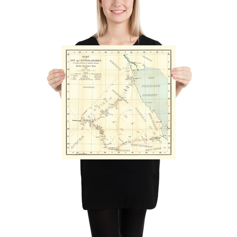 German Traveler’s Map of Arabia by Raunkiaer, 1912: Riyadh, Kuwait, Persian Gulf, Caravan Routes, Deserts