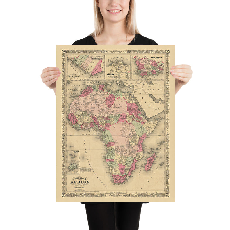Old Map of Africa by Johnson, 1864: Colonial Borders, Explorer Routes, Cape Town & Liberia Inset