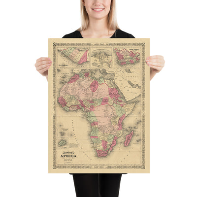 Old Map of Africa by Johnson, 1864: Colonial Borders, Explorer Routes, Cape Town & Liberia Inset