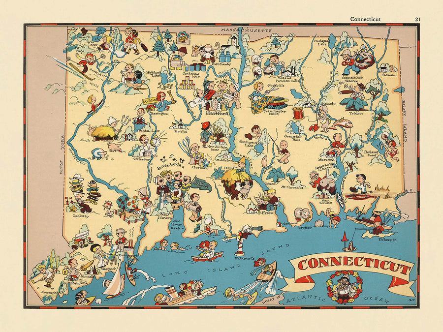 Mappa Pittorica del Connecticut di Ruth Taylor White, 1935: Bridgeport, New Haven, Yale, Long Island Sound, Fiume Connecticut 