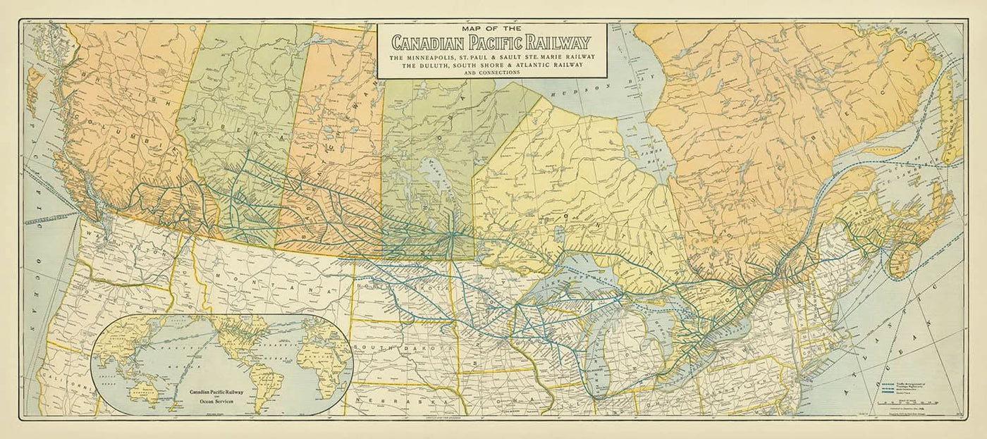 Ancienne carte du Canada et du nord des États-Unis par Poole Brothers, 1912 : chemins de fer, Grands Lacs, baie d'Hudson, Toronto, Chicago