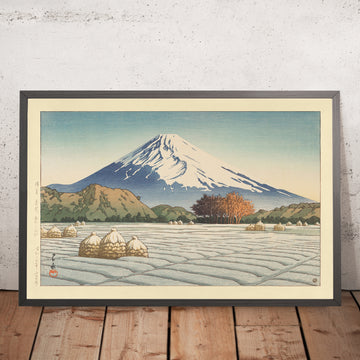 A framed image of Mt. Fuji Frosty Morning in Nagaoka, Izu by Hasui Kawase, 1939