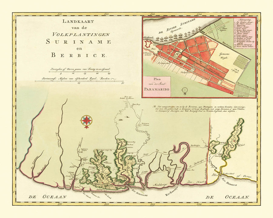 Rara mappa coloniale del Suriname e Berbice di Tirion, 1760: Insetto di Paramaribo, piantagioni, fiumi, villaggi indigeni, confini coloniali 