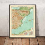 Antica mappa della Spagna orientale di Bartholomew, 1922: Barcellona, Valencia, Pirenei, Delta dell'Ebro, Sierra Nevada 