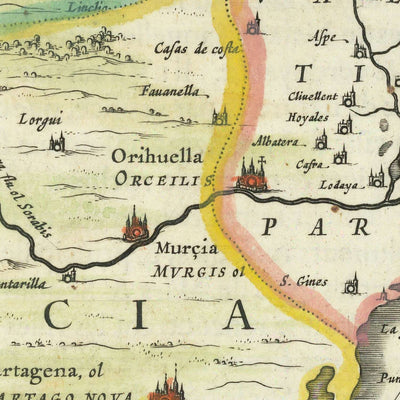 Old Map of Southern Spain by Blaeu, 1640: Granada, Murcia, Malaga, Naval Battle