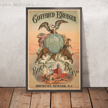 A framed image of Gotfried Krueger Brewery Vintage Bock Beer Poster by Henry Jerome Schile, 1886