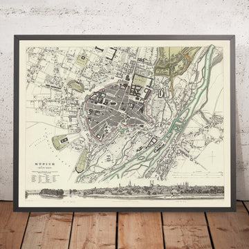 Old City Plan Map of Munich, 1832: Frauenkirche, Residenz, Hofgarten, Königsplatz, Isar River