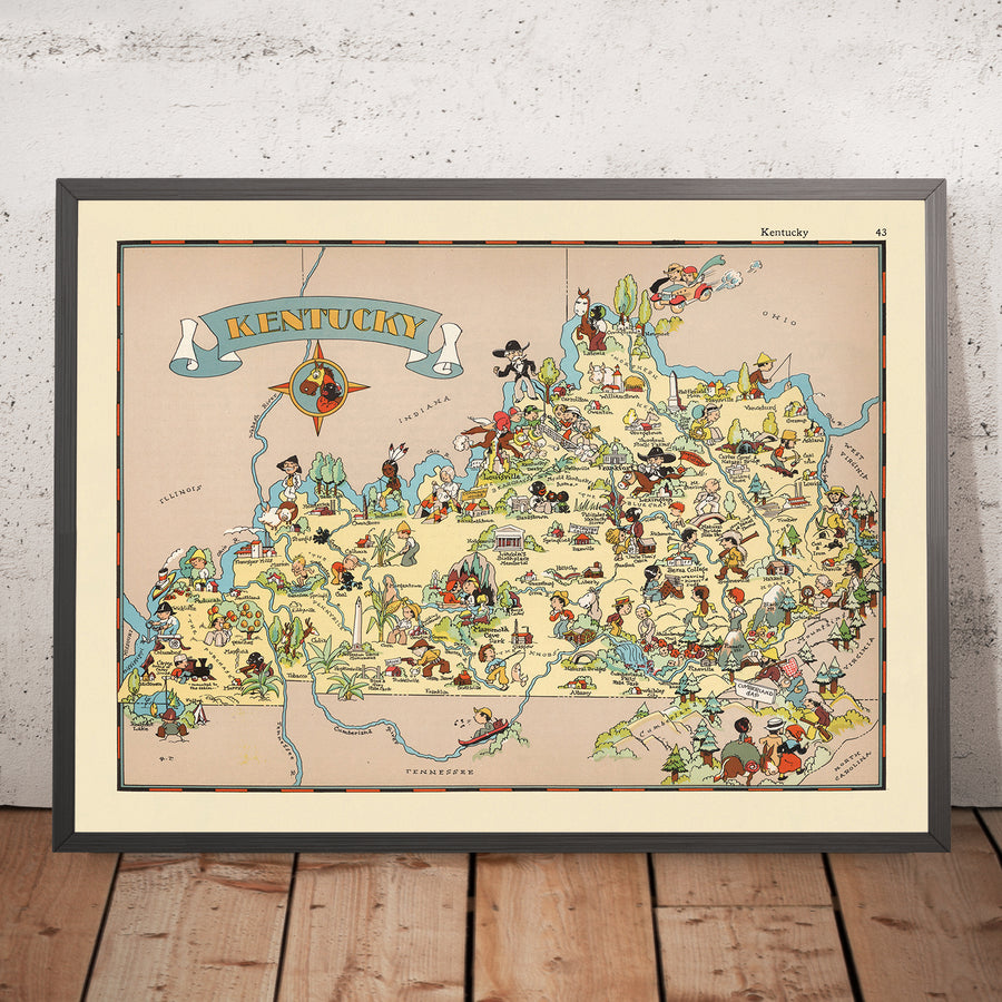 Mappa Pittorica del Kentucky di Ruth Taylor White, 1935: Louisville, Lexington, Corse di Cavalli, Bourbon, Appalachi 