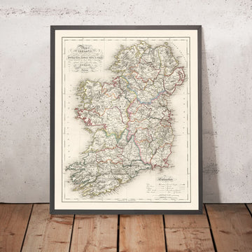 Old Map of Ireland by Lewis, 1846: Dublin, Cork, River Shannon, Counties & Provinces, Early Railways