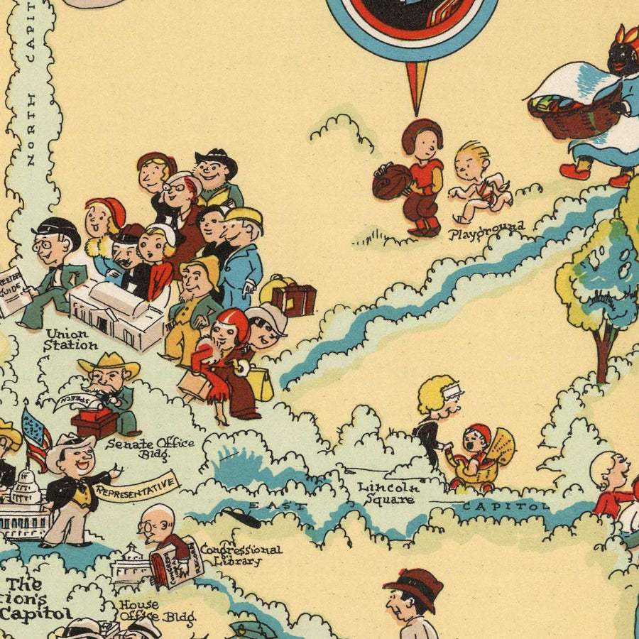 Mappa pittorica di Washington D.C. di Ruth Taylor White, 1935: Campidoglio, Casa Bianca, Memoriale di Lincoln, Monumento a Washington, Fiume Potomac 