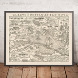 Antica mappa del Lago di Costanza di Munster, 1540: confine tedesco-svizzero-austriaco, Costanza, Lindau, Bregenz, San Gallo, stile Holbein 