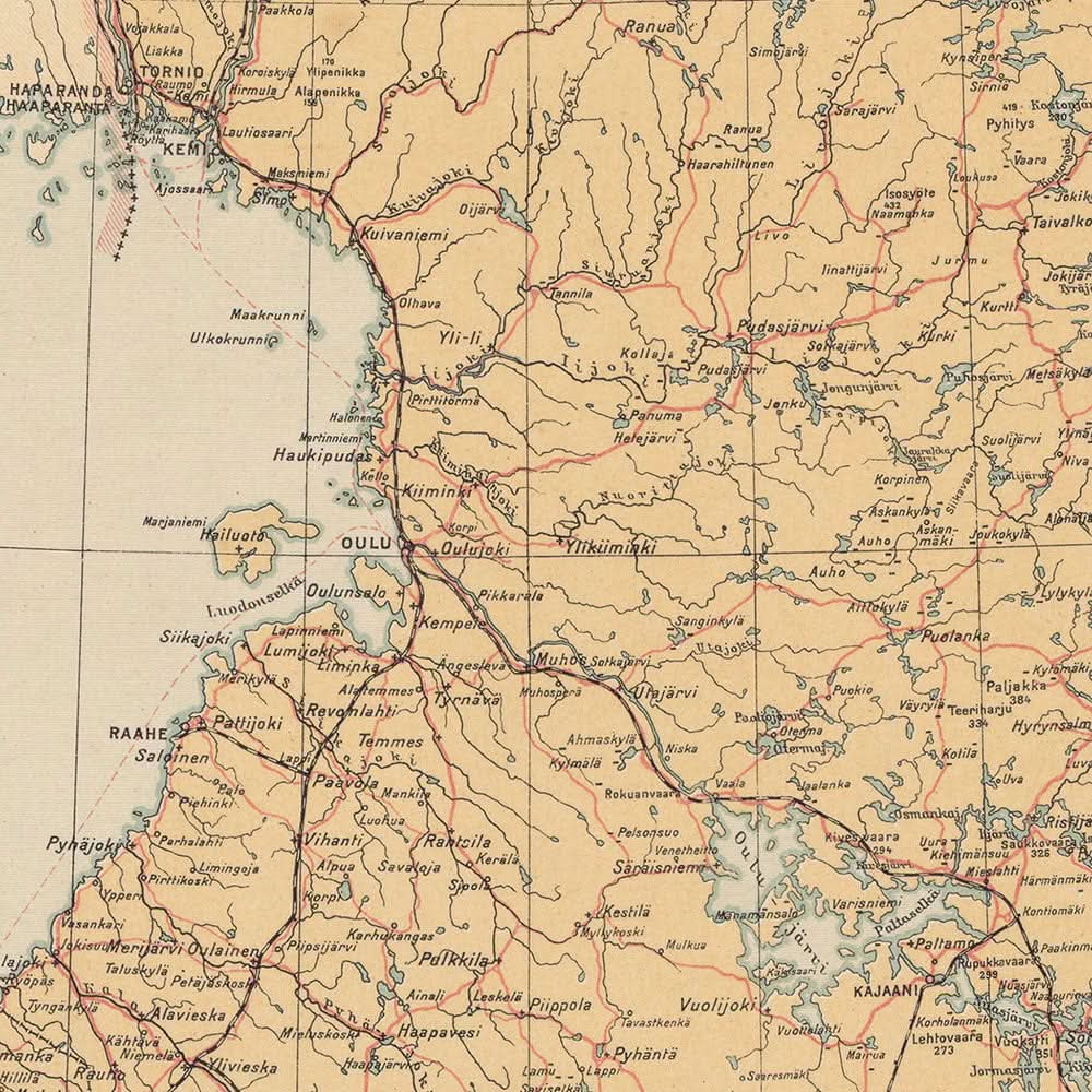 Old Map of Finland (Suomi), 1930: Helsinki, Tampere, Gulf of Bothnia, Railways, Borders