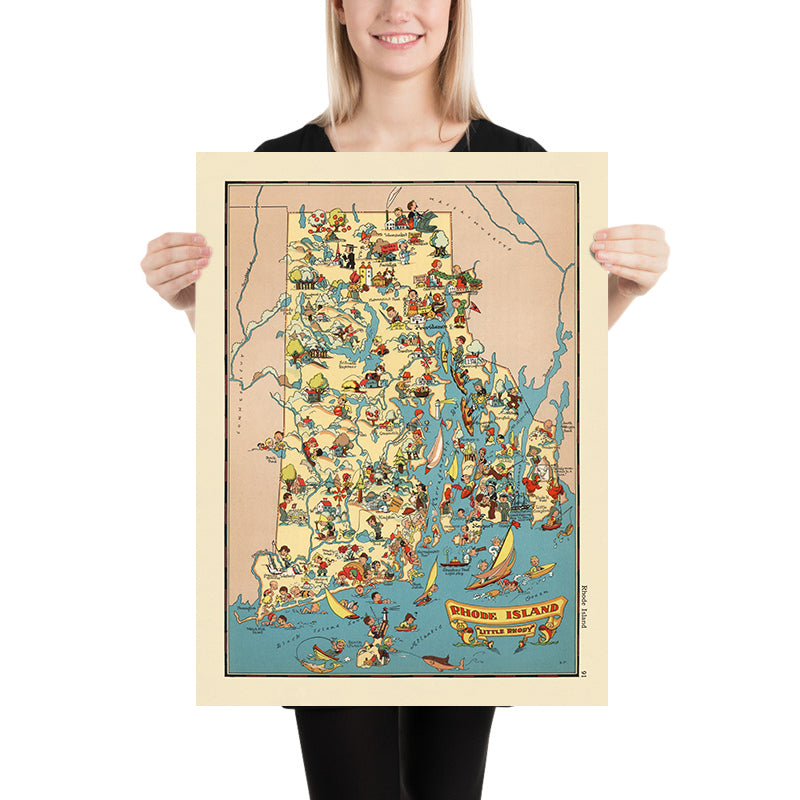 Pictorial Map of Rhode Island by Ruth Taylor White, 1935: Providence, Newport, Narragansett Bay, Lighthouses, Textile Mills