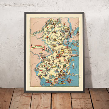 Mappa pittorica del New Jersey di Ruth Taylor White, 1935: Newark, Jersey Shore, Pine Barrens, Oceano Atlantico, Fiume Delaware 