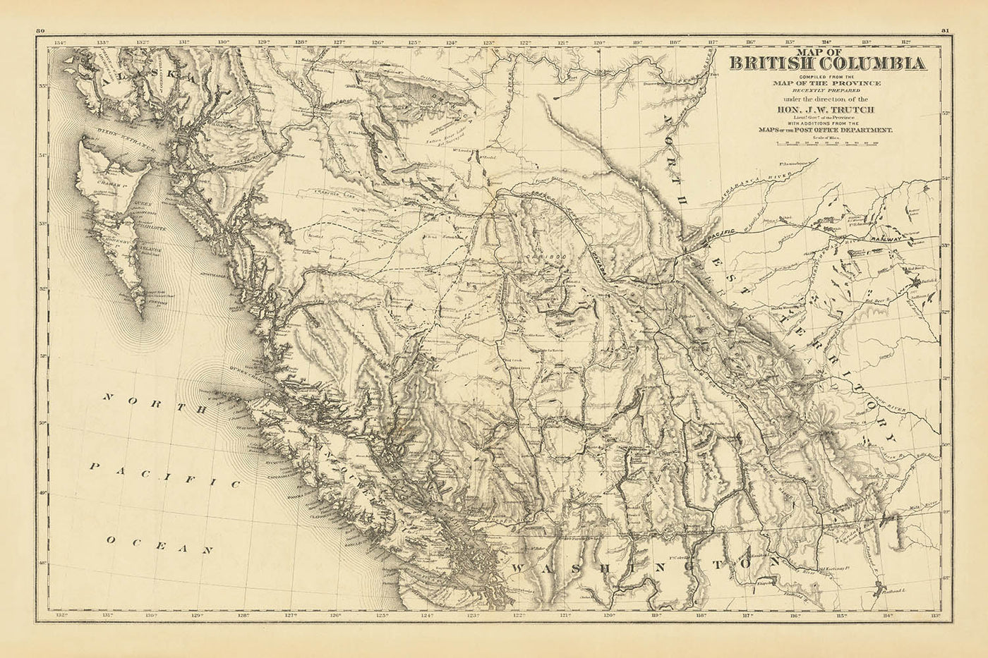 Old Railway Map of British Columbia by Trutch, 1878: Vancouver, Victoria, CPR Routes, Fraser River, Rockies