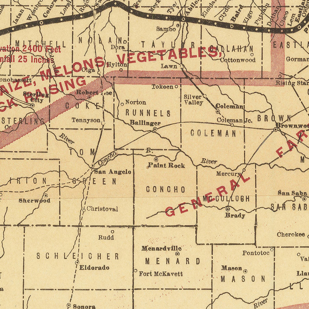 Old Map of Texas by Poole Brothers, 1909: Iron Mountain Railway, Houston, San Antonio, Dallas